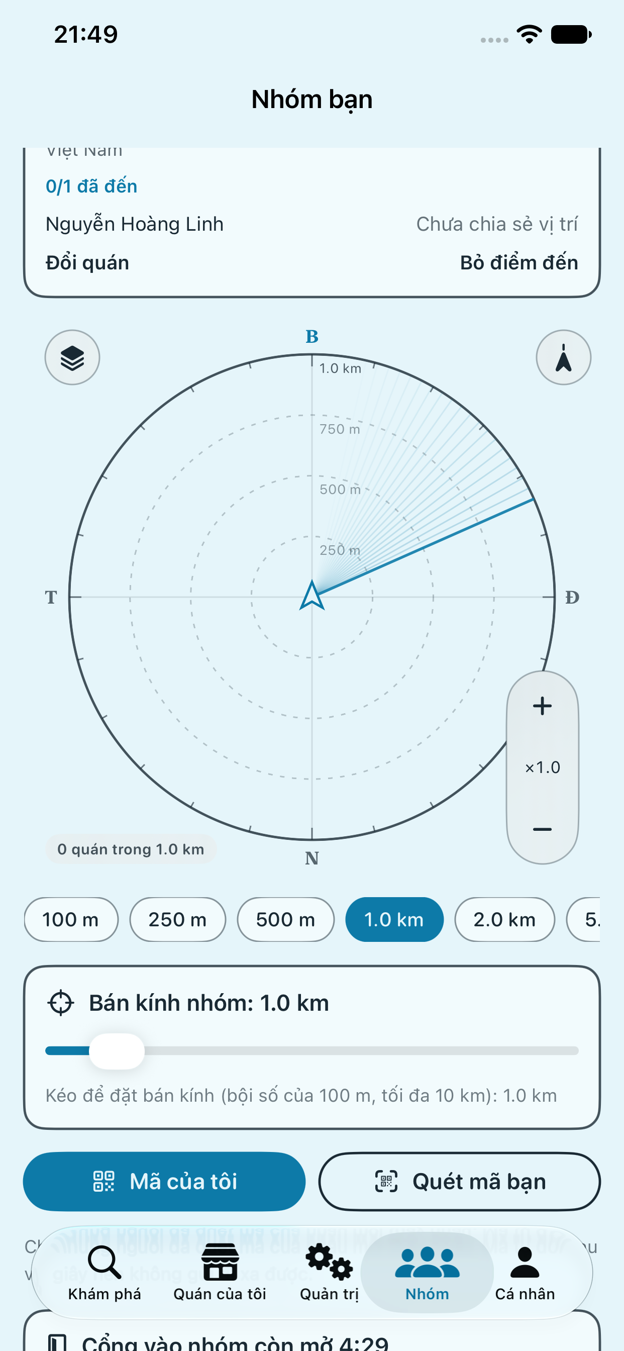 Radar nhóm bạn bè trong ứng dụng