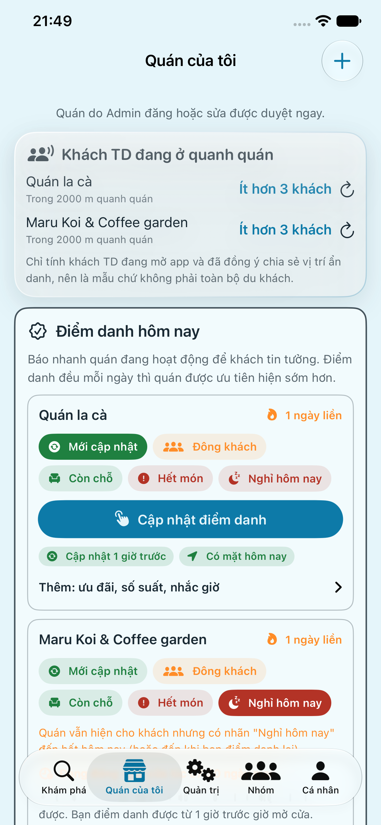 Màn hình Quán của tôi với các trạng thái còn chỗ, hết món và nghỉ hôm nay